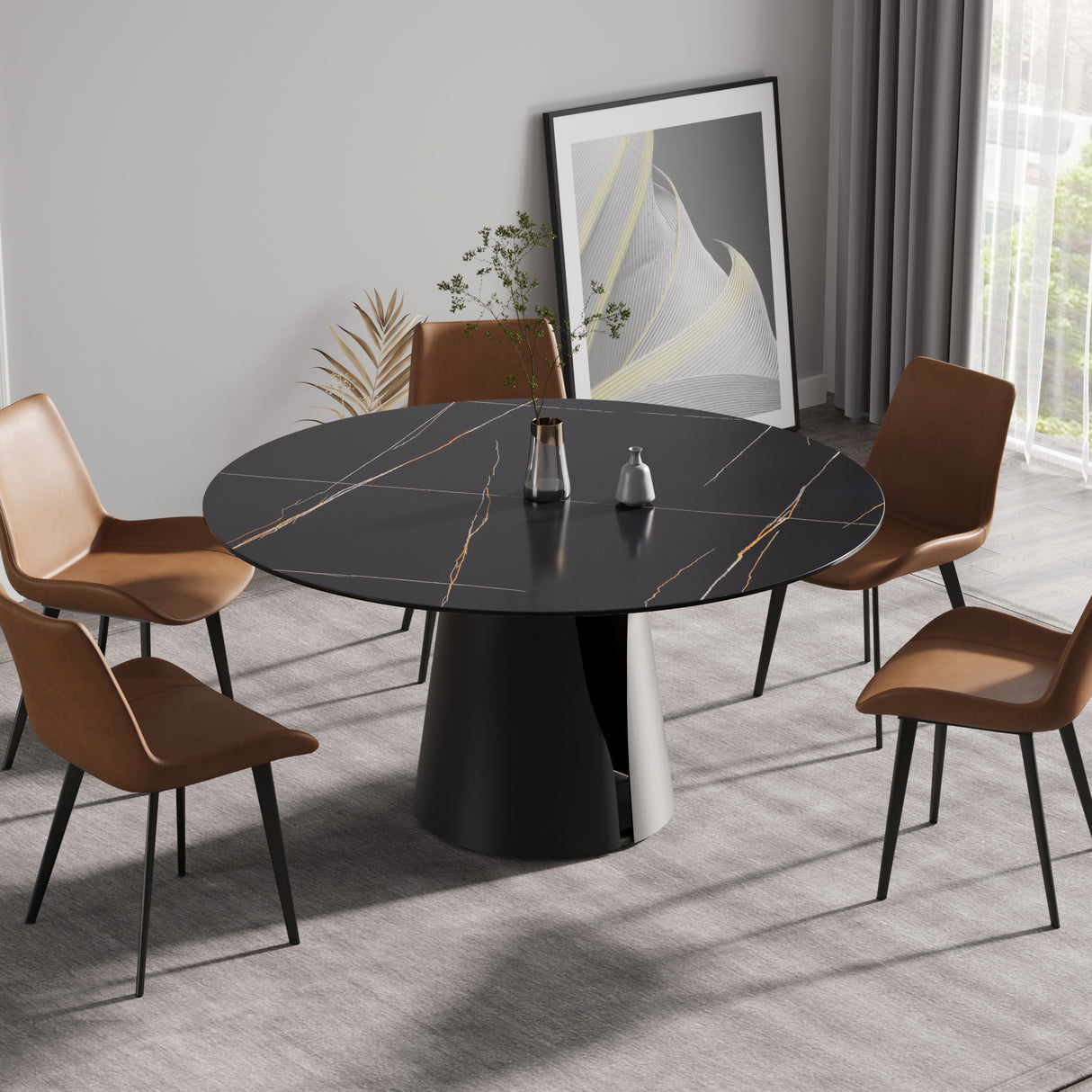 59.05"Modern artificial stone round black carbon steel base dining table - can accommodate 6 people | Home Elegance USA