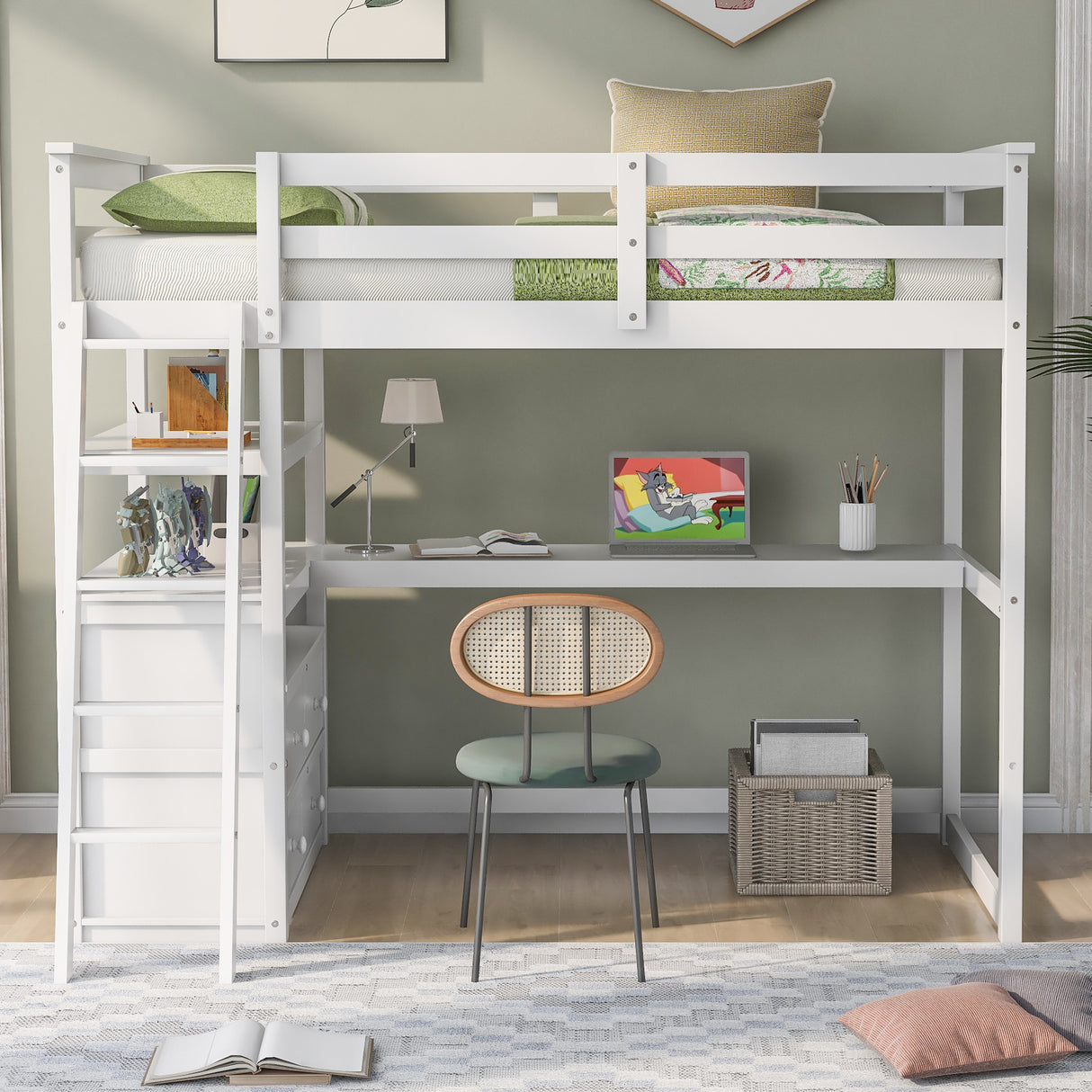 Twin Size Loft Bed with Desk and Shelves, Two Built-in Drawers, White (old SKU: GX000803AAK-1) - Home Elegance USA