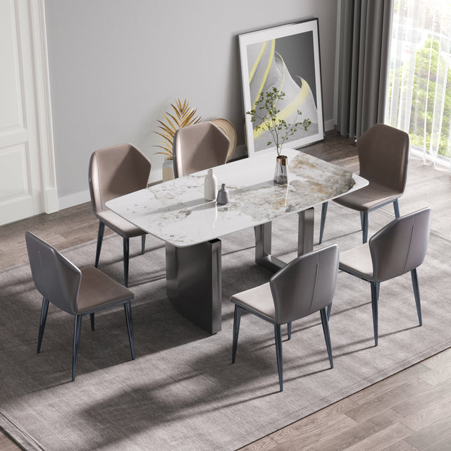 63"Modern artificial stone pandora white curved black metal leg dining table - 6 people | Home Elegance USA