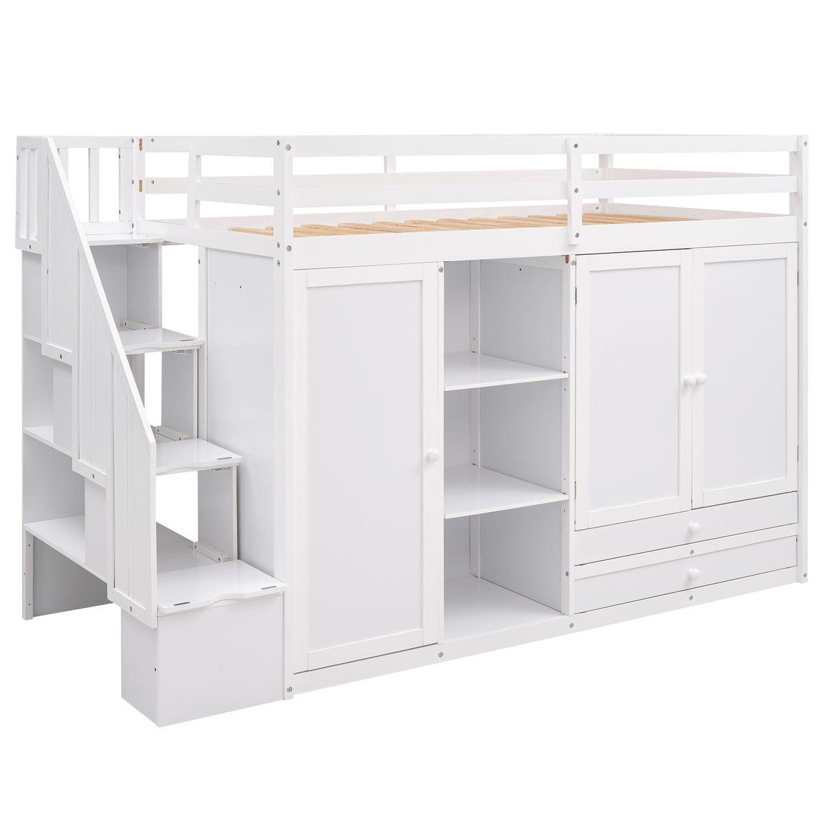 Functional Loft Bed with 3 Shelves, 2 Wardrobes and 2 Drawers, Ladder with Storage, No Box Spring Needed, White - Home Elegance USA