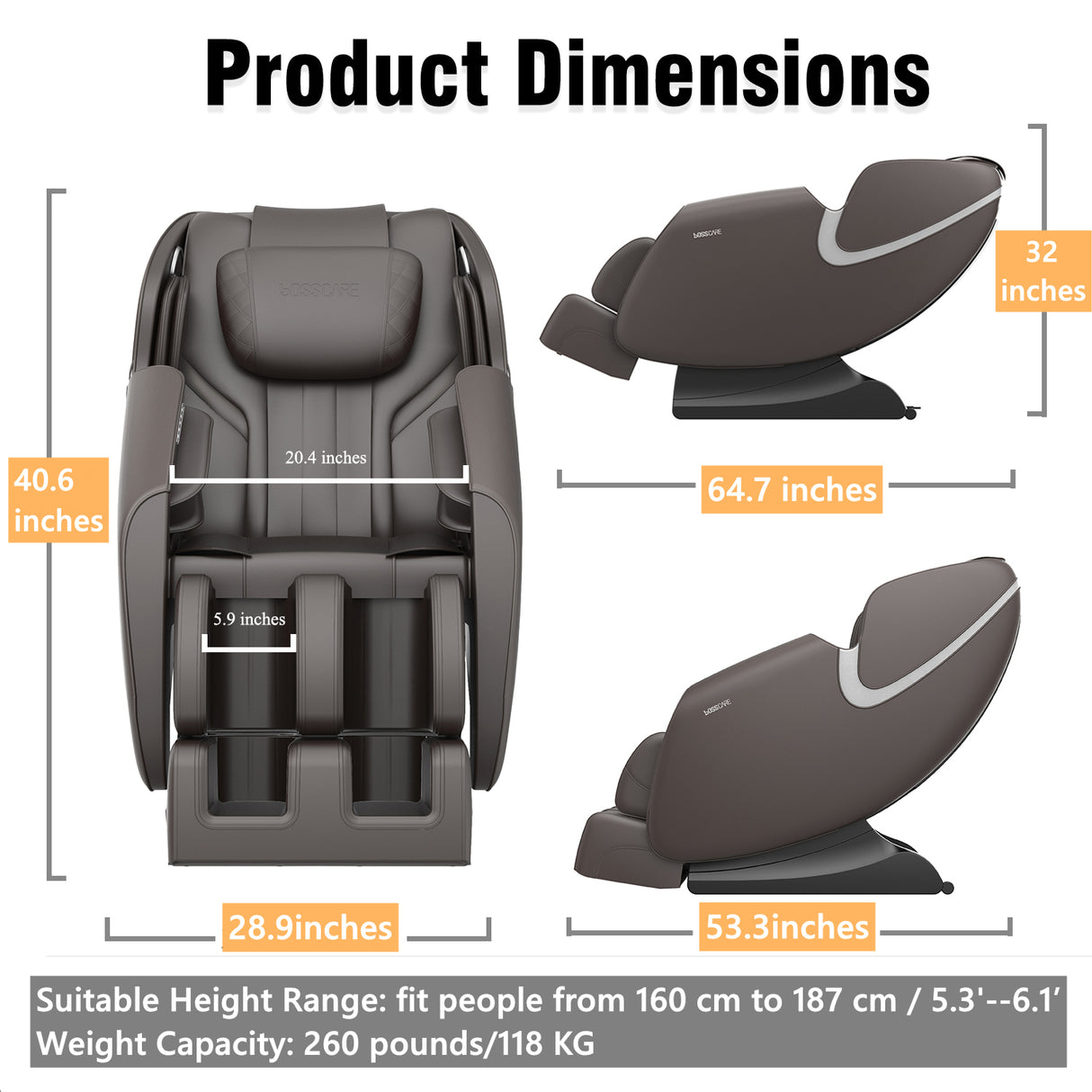 BOSSCARE Massage Chair Recliner with Zero Gravity, Full Body Airbag Massage Chair with Bluetooth Speaker, Foot Roller Brown | Home Elegance USA