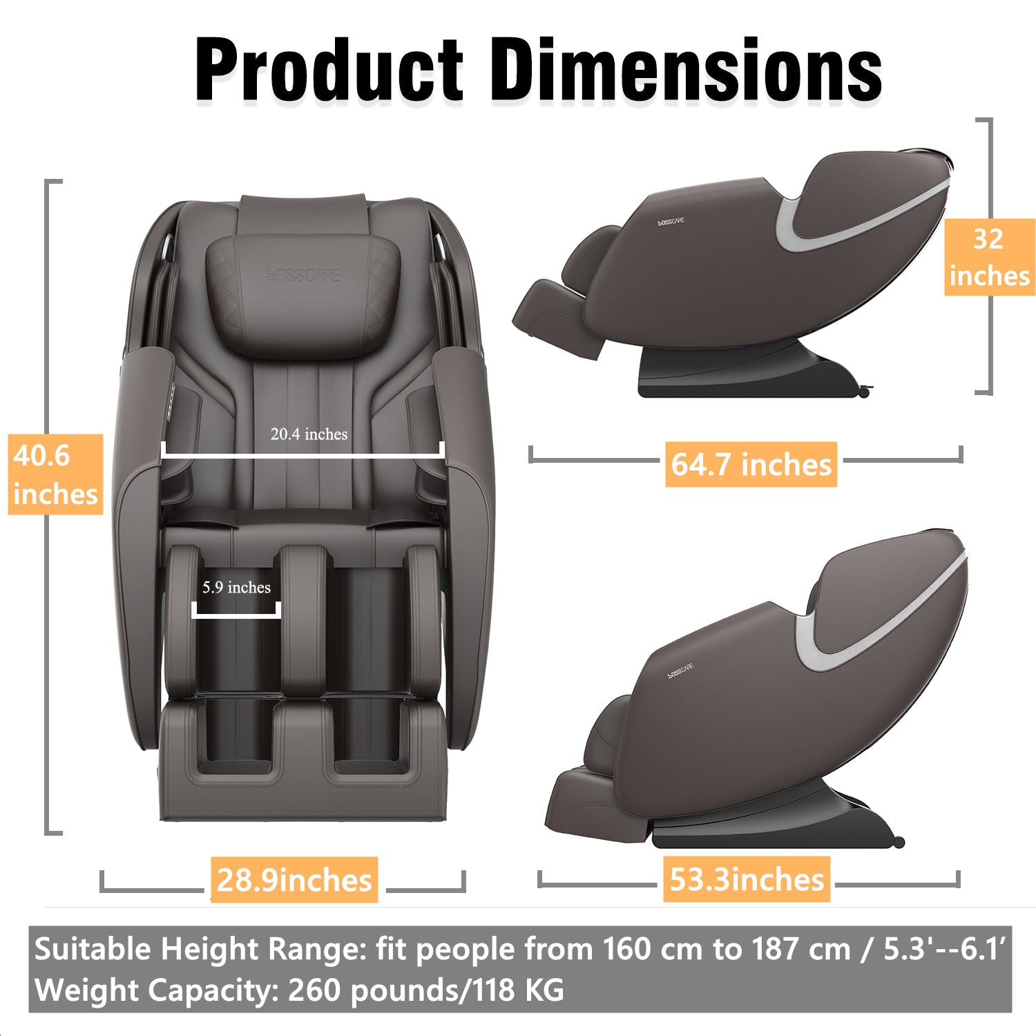 BOSSCARE Massage Chair Recliner with Zero Gravity, Full Body Airbag Massage Chair with Bluetooth Speaker, Foot Roller Brown | Home Elegance USA