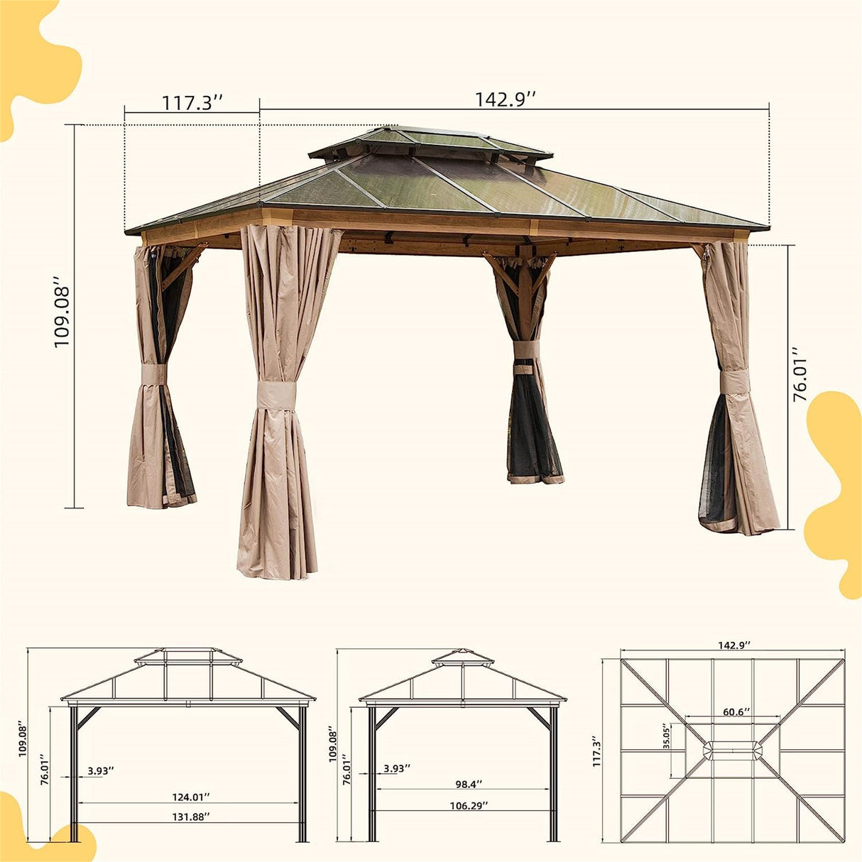 10'x12' Hardtop Gazebo, Permanent Outdoor Gazebo with Polycarbonate Double Roof, Aluminum Gazebo Pavilion with Curtain and Net for Garden, Patio, Lawns, Deck, Backyard(Wood - Looking) - W1859S00022 - image - 8