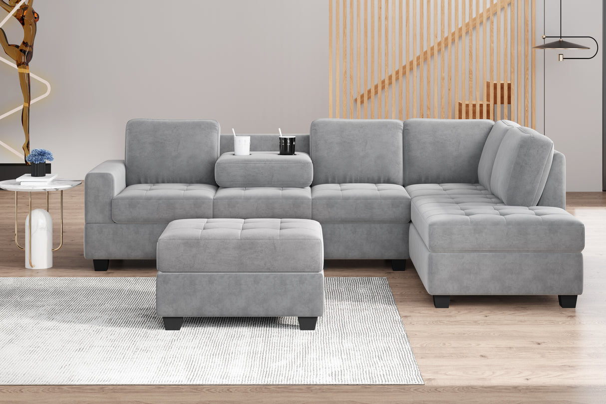 Orisfur. Modern Sectional Sofa with Reversible Chaise, L Shaped Couch Set with Storage Ottoman and Two Cup Holders for Living Room - Home Elegance USA