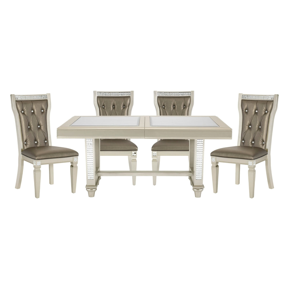 Glamorous Style Dining 5pc Set Champagne Finish Table w Leaf Glass Insert Top Upholstered Tufted 4x Side Chairs Traditional Dining Room Furniture - Home Elegance USA