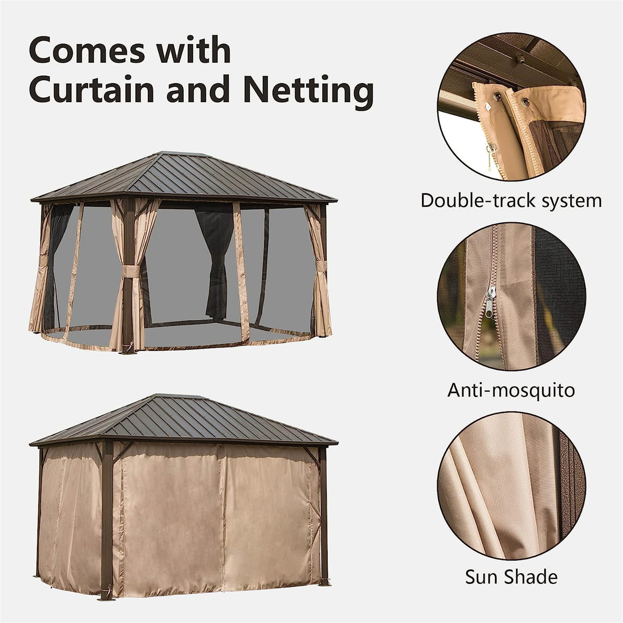 Dark Brown 10'x12' Outdoor Steel Roof Gazebo: Aluminum Frame, Netting & Curtains - Perfect for Garden, Patios, Lawns, Parties | Home Elegance USA