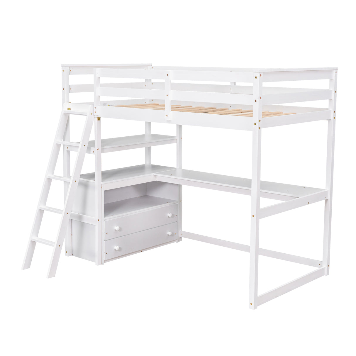 Twin Size Loft Bed with Desk and Shelves, Two Built-in Drawers, White (old SKU: GX000803AAK-1) - Home Elegance USA