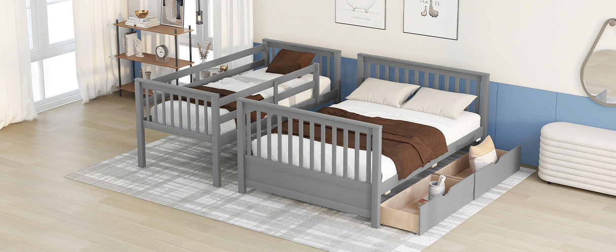 Twin-Over-Full Bunk Bed with Ladders and Two Storage Drawers(Gray)( old sku:LT000165AAE) - Home Elegance USA