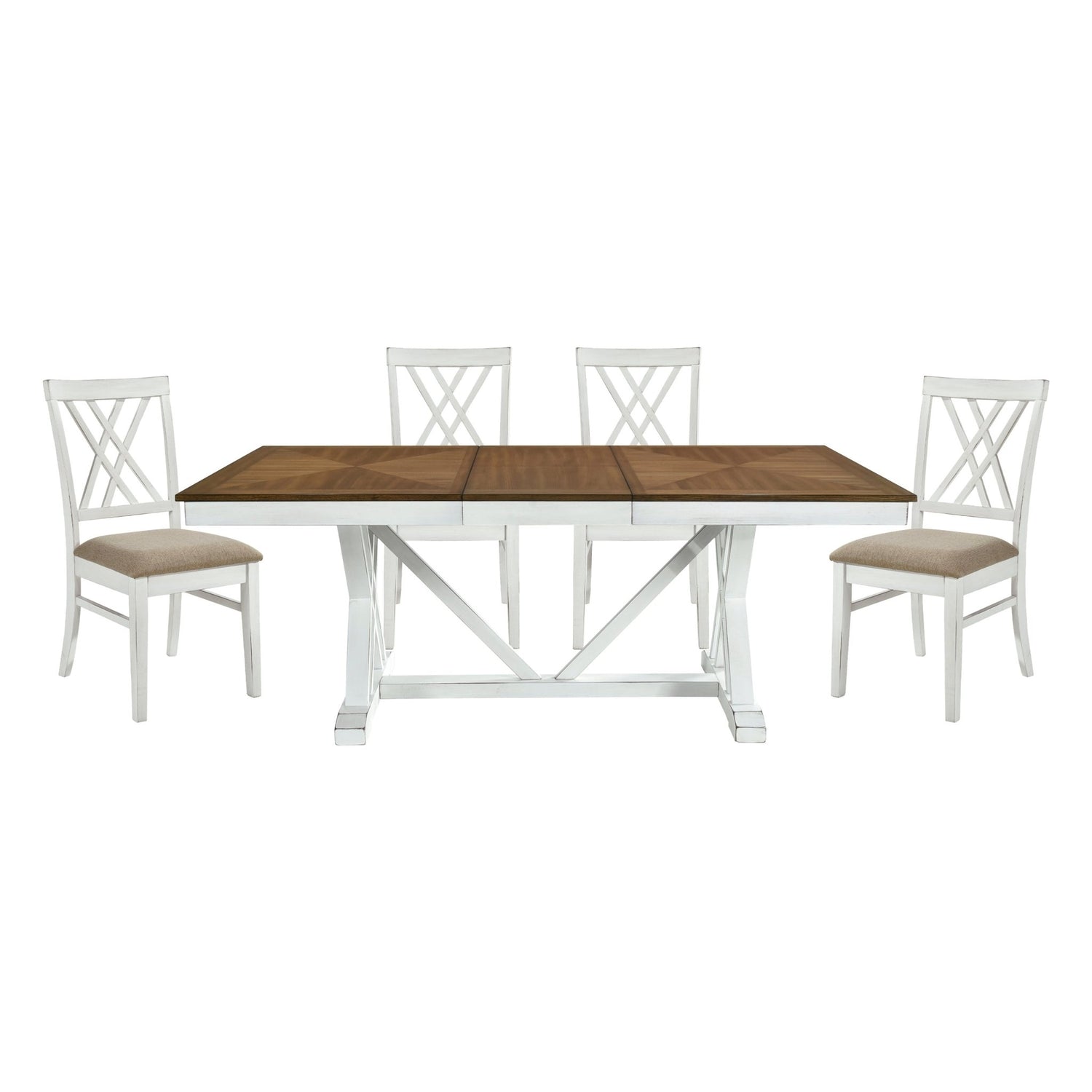 Modern Style White and Oak Finish 5pc Dining Set Table w Extension Leaf 4x Side Chairs Upholstered Seat Charming Traditional Dining Room Furniture - Home Elegance USA