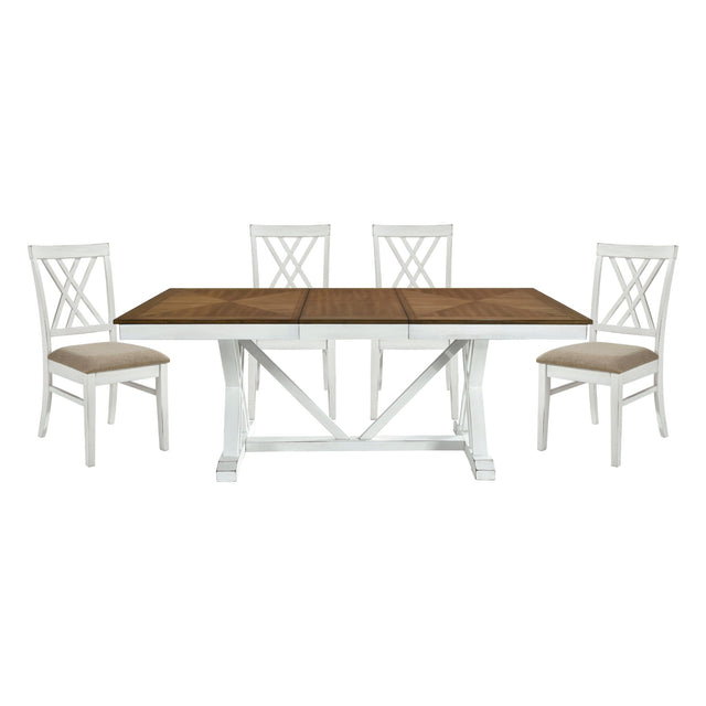 Modern Style White and Oak Finish 5pc Dining Set Table w Extension Leaf 4x Side Chairs Upholstered Seat Charming Traditional Dining Room Furniture - Home Elegance USA