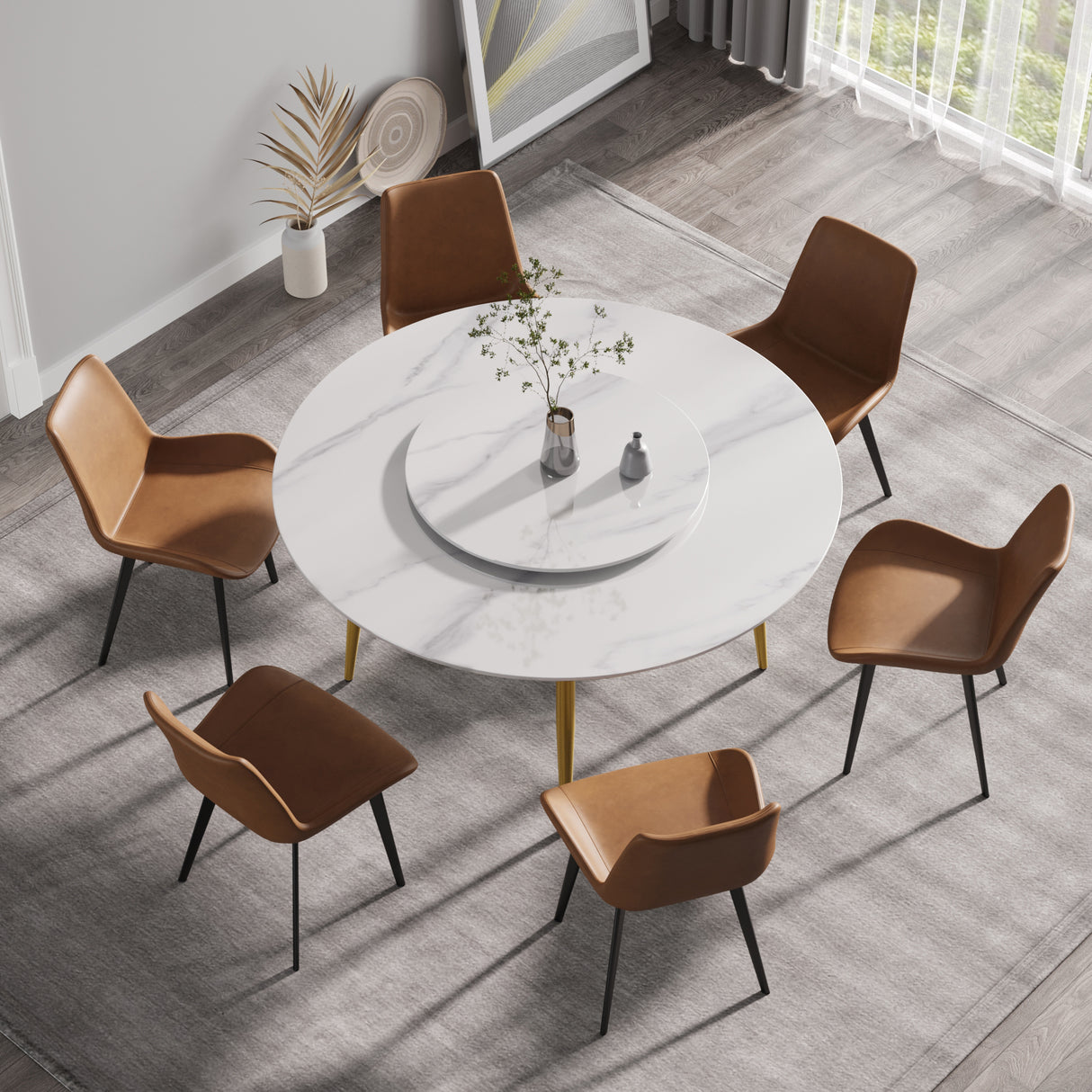 59.05"Modern artificial stone round golden metal dining table - can accommodate 6 people - 31.5"white artificial stone turntable | Home Elegance USA