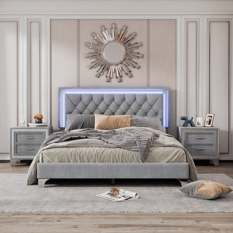 3-Pieces Bedroom Sets,Queen Size Upholstered Platform Bed with LED Lights and Two Nightstands-Gray - Home Elegance USA