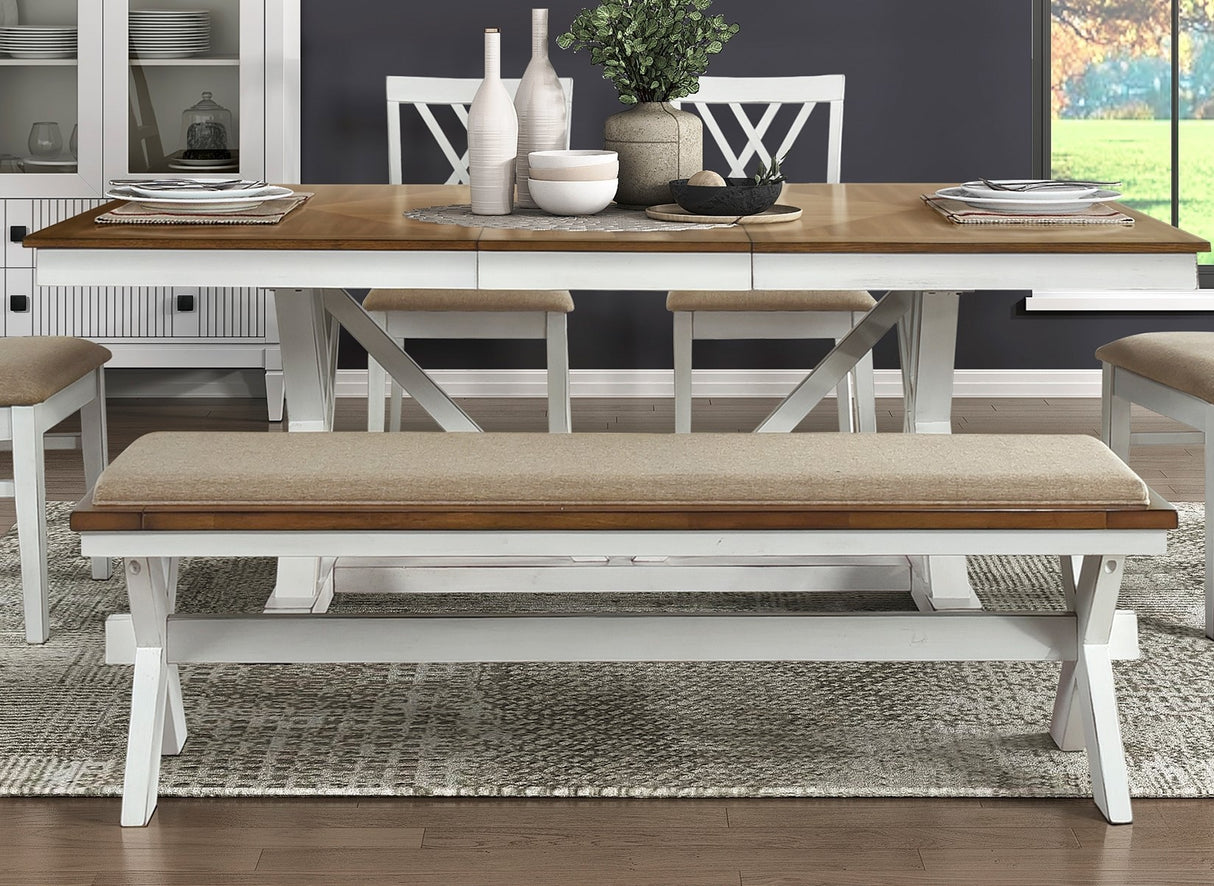 Modern Style White and Oak Finish 6pc Dining Set Table w Extension Leaf Bench 4x Side Chairs x-back Design Charming Traditional Dining Room Furniture - Home Elegance USA