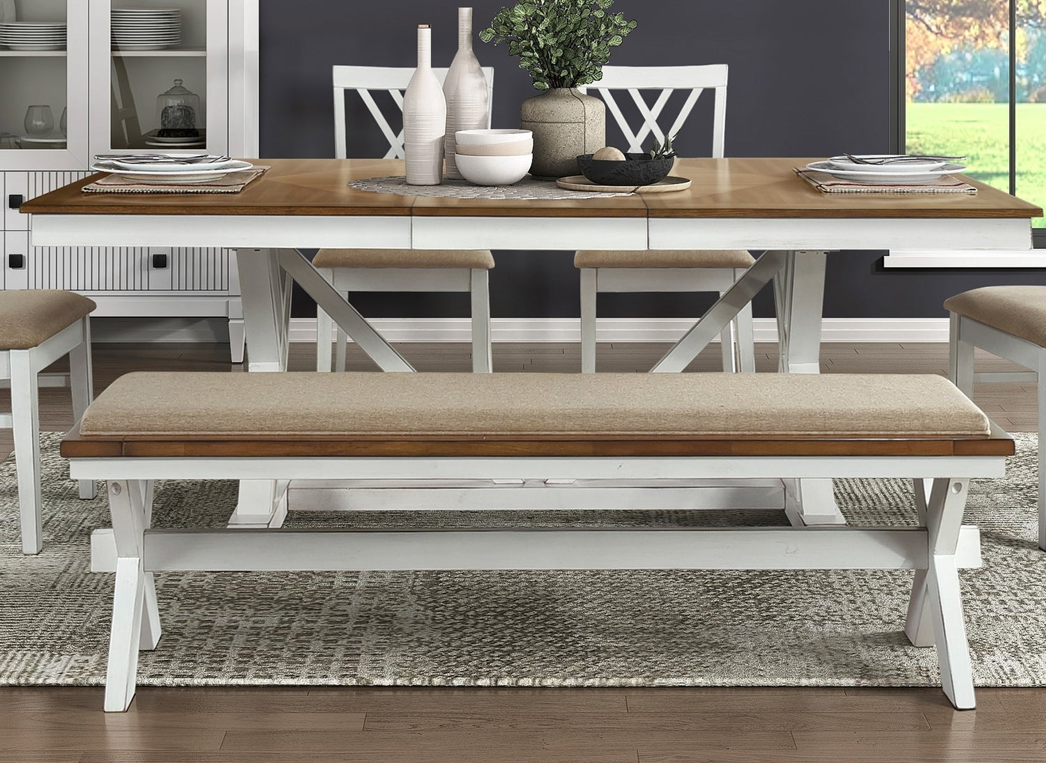 Modern Style White and Oak Finish 6pc Dining Set Table w Extension Leaf Bench 4x Side Chairs x-back Design Charming Traditional Dining Room Furniture - Home Elegance USA