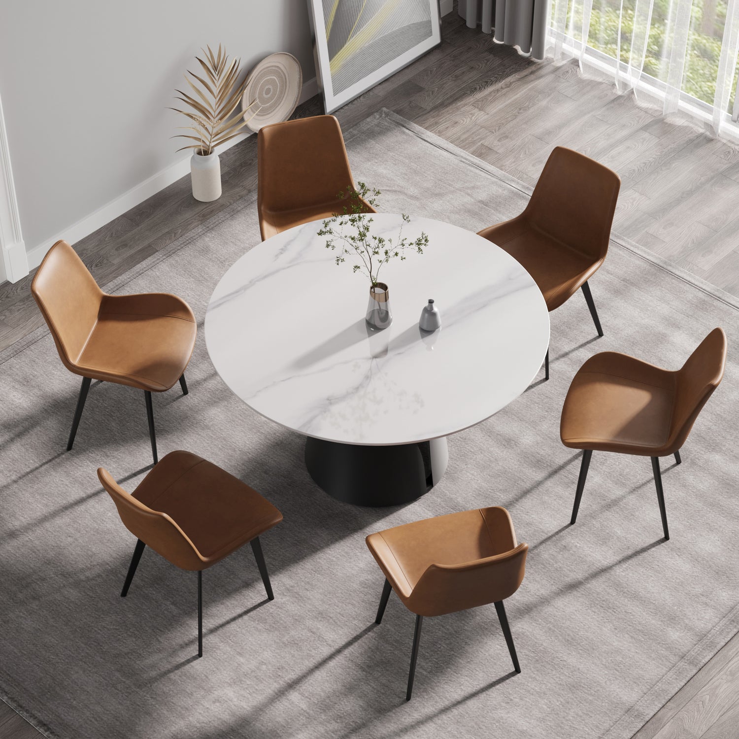 53.15"Modern artificial stone round black carbon steel base dining table - can accommodate 6 people | Home Elegance USA