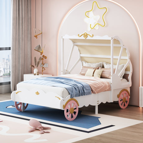 Twin Size Princess Carriage Bed with Canopy, Wood Platform Car Bed with 3D Carving Pattern, White+Pink+Gold - Home Elegance USA