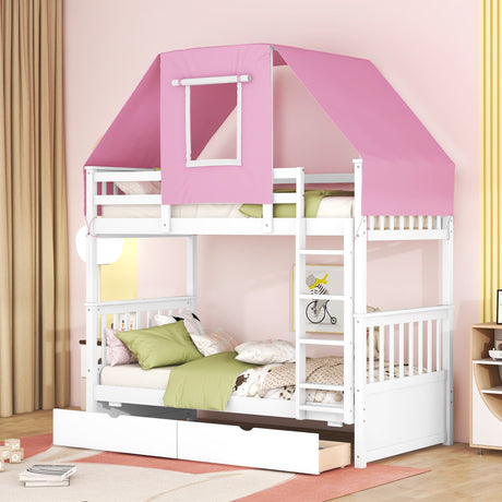 Twin Over Twin Bunk Bed Wood Bed with Tent and Drawers, White+Pink Tent - Home Elegance USA