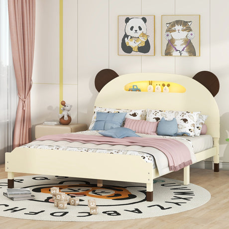 Full Size Wood Platform Bed with Bear-shaped Headboard,Bed with Motion Activated Night Lights,Cream+Walnut - Home Elegance USA