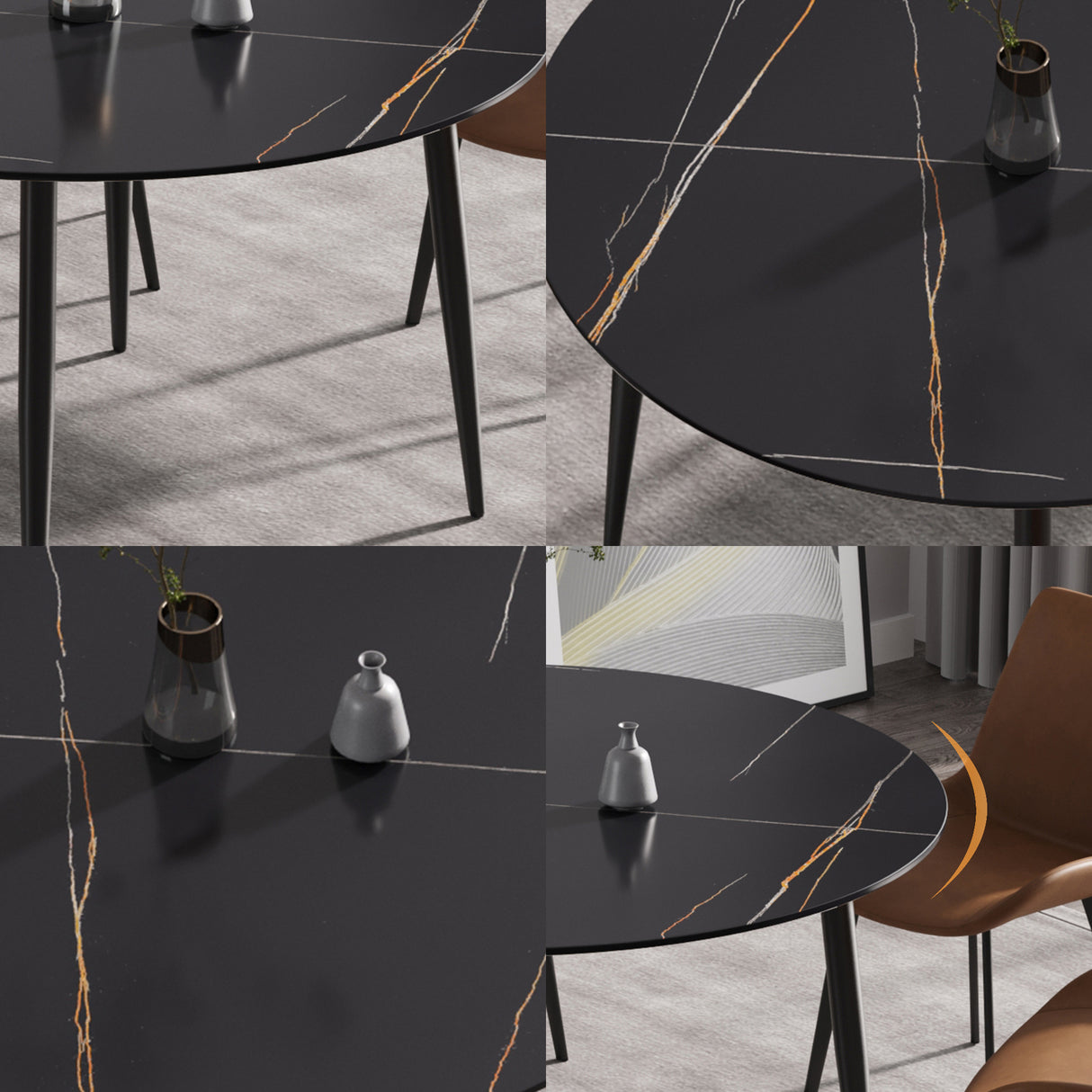 53.15 " modern artificial stone black round dining table with black metal legs - can accommodate 6 people. | Home Elegance USA