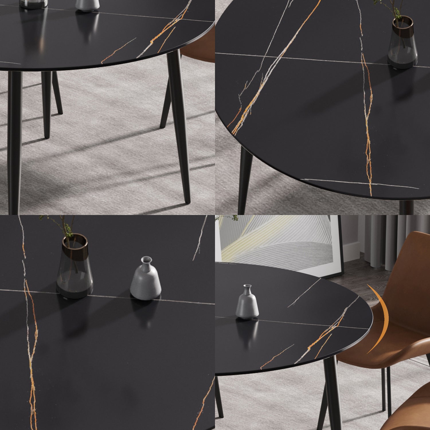 53.15 " modern artificial stone black round dining table with black metal legs - can accommodate 6 people. | Home Elegance USA