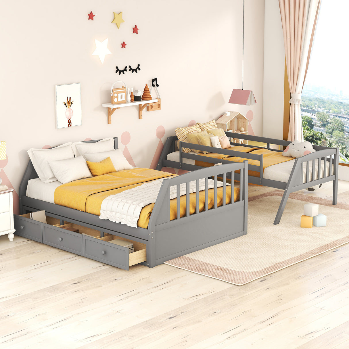 Twin-Over-Full Bunk Bed with Drawers,Ladder and Storage Staircase, Gray - Home Elegance USA