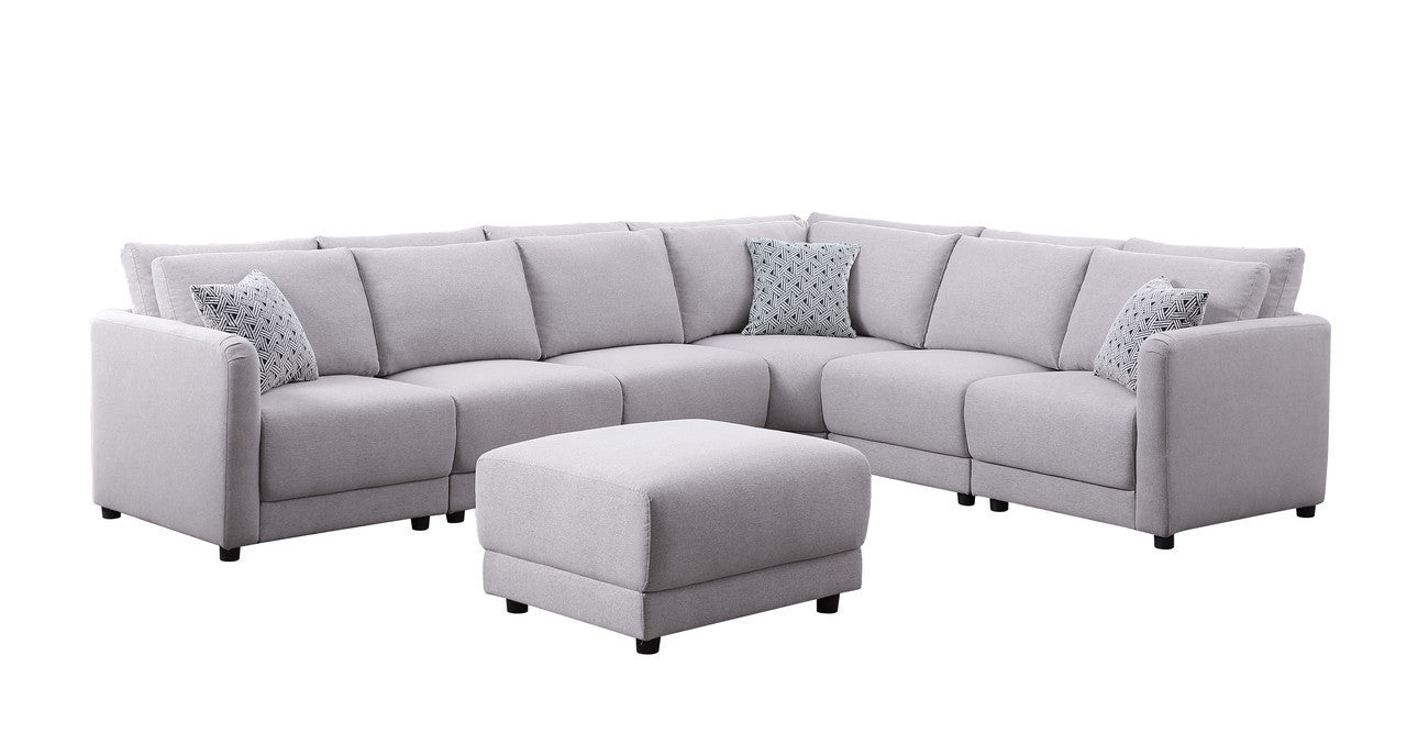 Penelope Light Gray Linen Fabric Reversible 7PC Modular Sectional Sofa with Ottoman and Pillows - Home Elegance USA