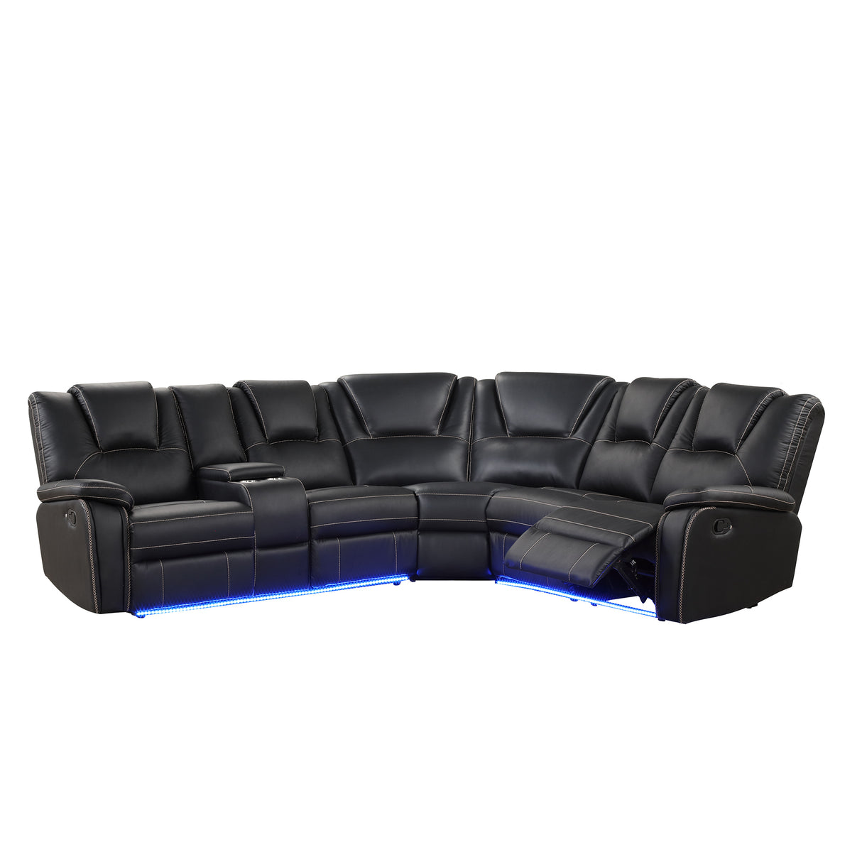 Modern Faux Leather Manual Reclining with Center Console with LED Light Strip,Living Room Furniture Set,PU Symmetrical Couch with 2 Cup Holders and Storage for Living room,Black - Home Elegance USA