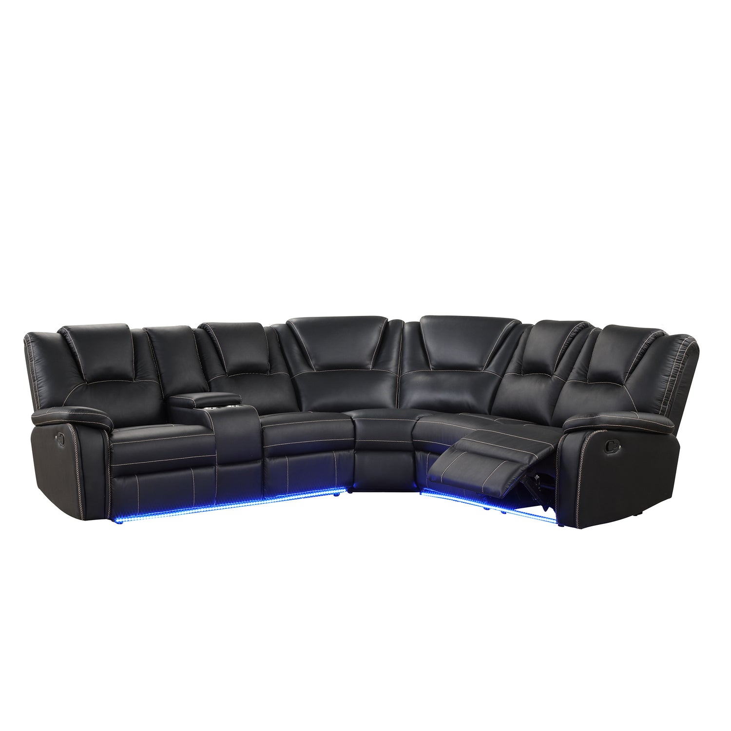 Modern Faux Leather Manual Reclining with Center Console with LED Light Strip,Living Room Furniture Set,PU Symmetrical Couch with 2 Cup Holders and Storage for Living room,Black - Home Elegance USA