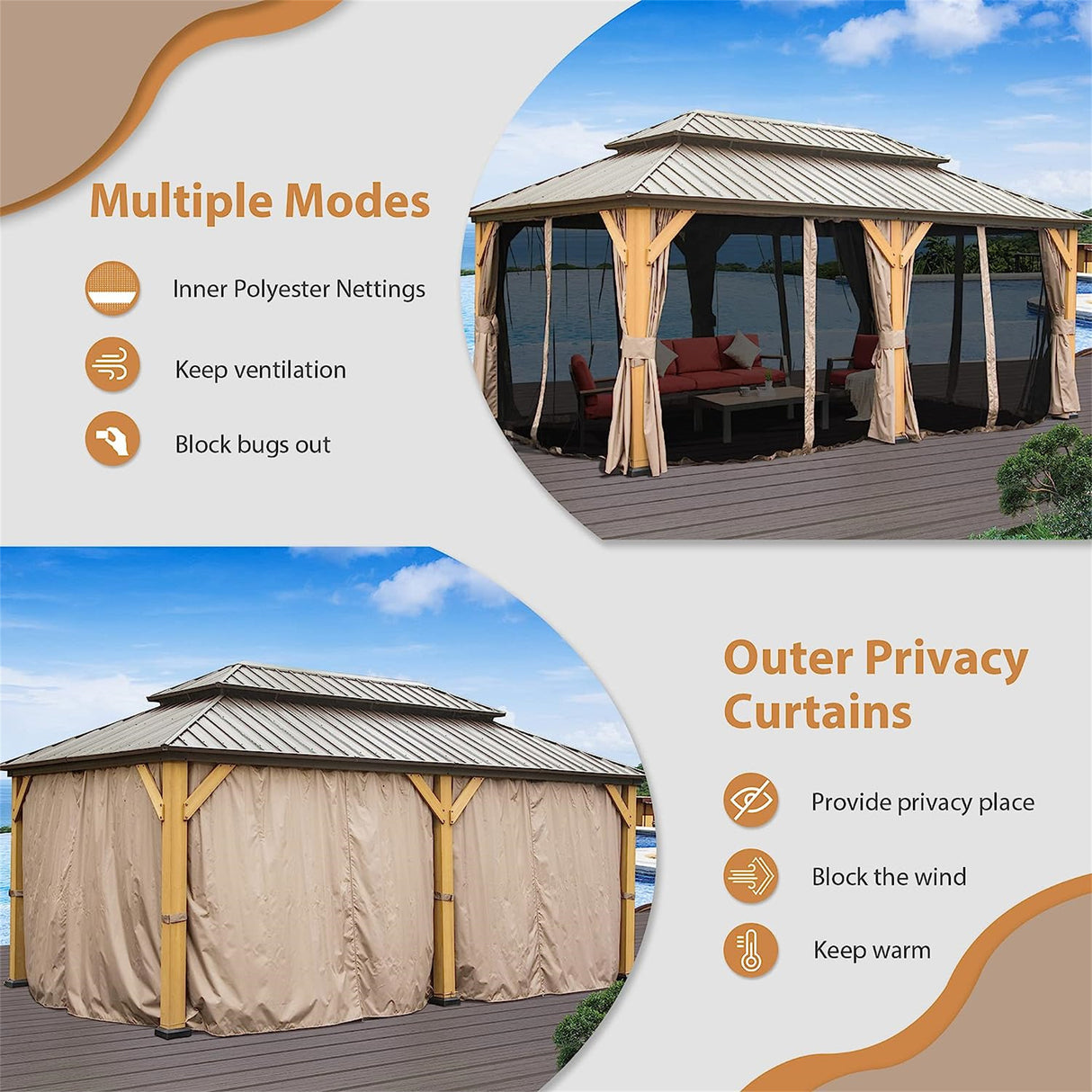 12'x20' Hardtop Gazebo, Outdoor Cedar Wood Frame Canopy with Galvanized Steel Double Roof, Outdoor Permanent Metal Pavilion with Curtains and Netting for Patio, Backyard and Lawn(Brown) | Home Elegance USA