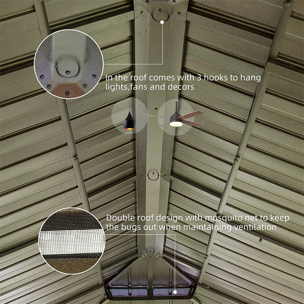 12'x20' Hardtop Gazebo Outdoor Aluminum Wood Grain Gazebos with Galvanized Steel Double Canopy for Patios Deck Backyard,Curtains&Netting (Wood - Looking) | Home Elegance USA