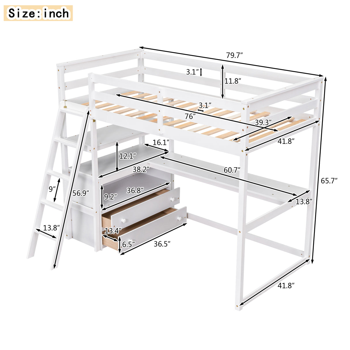 Twin Size Loft Bed with Desk and Shelves, Two Built-in Drawers, White (old SKU: GX000803AAK-1) - Home Elegance USA