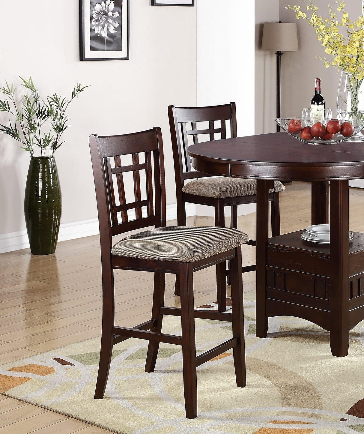 Contemporary Dining Room Counter height 5pc Dining Set Round Table w Leaf & 4x Side Chairs Dark Rosy Brown Finish Solid wood - Home Elegance USA