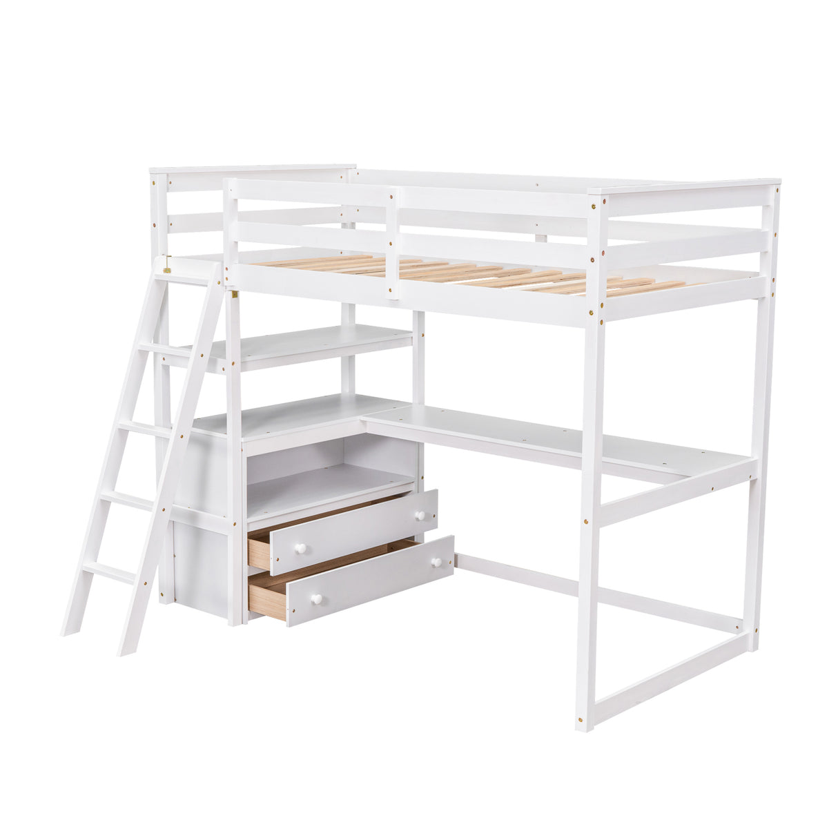 Twin Size Loft Bed with Desk and Shelves, Two Built-in Drawers, White (old SKU: GX000803AAK-1) - Home Elegance USA