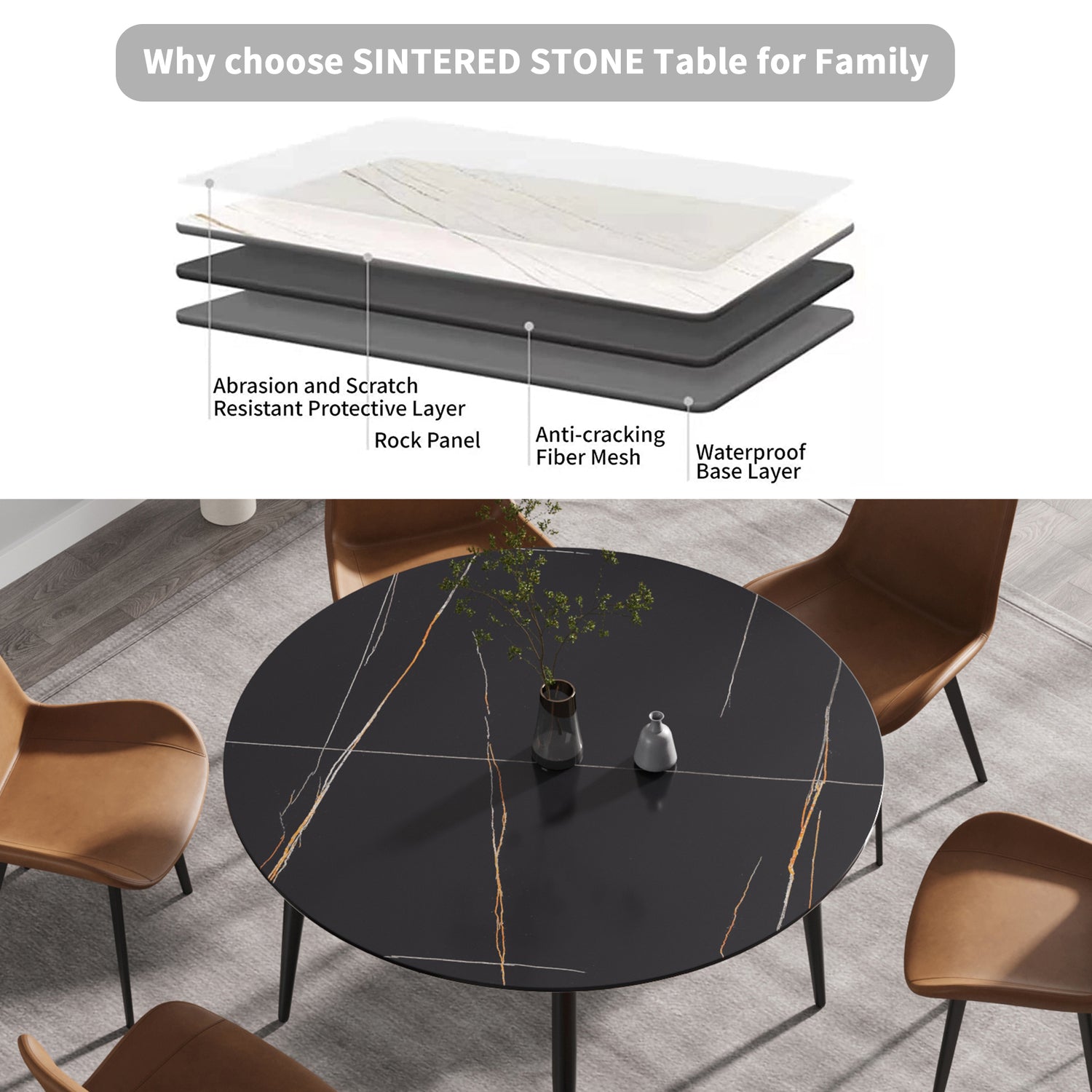 53.15 " modern artificial stone black round dining table with black metal legs - can accommodate 6 people. | Home Elegance USA