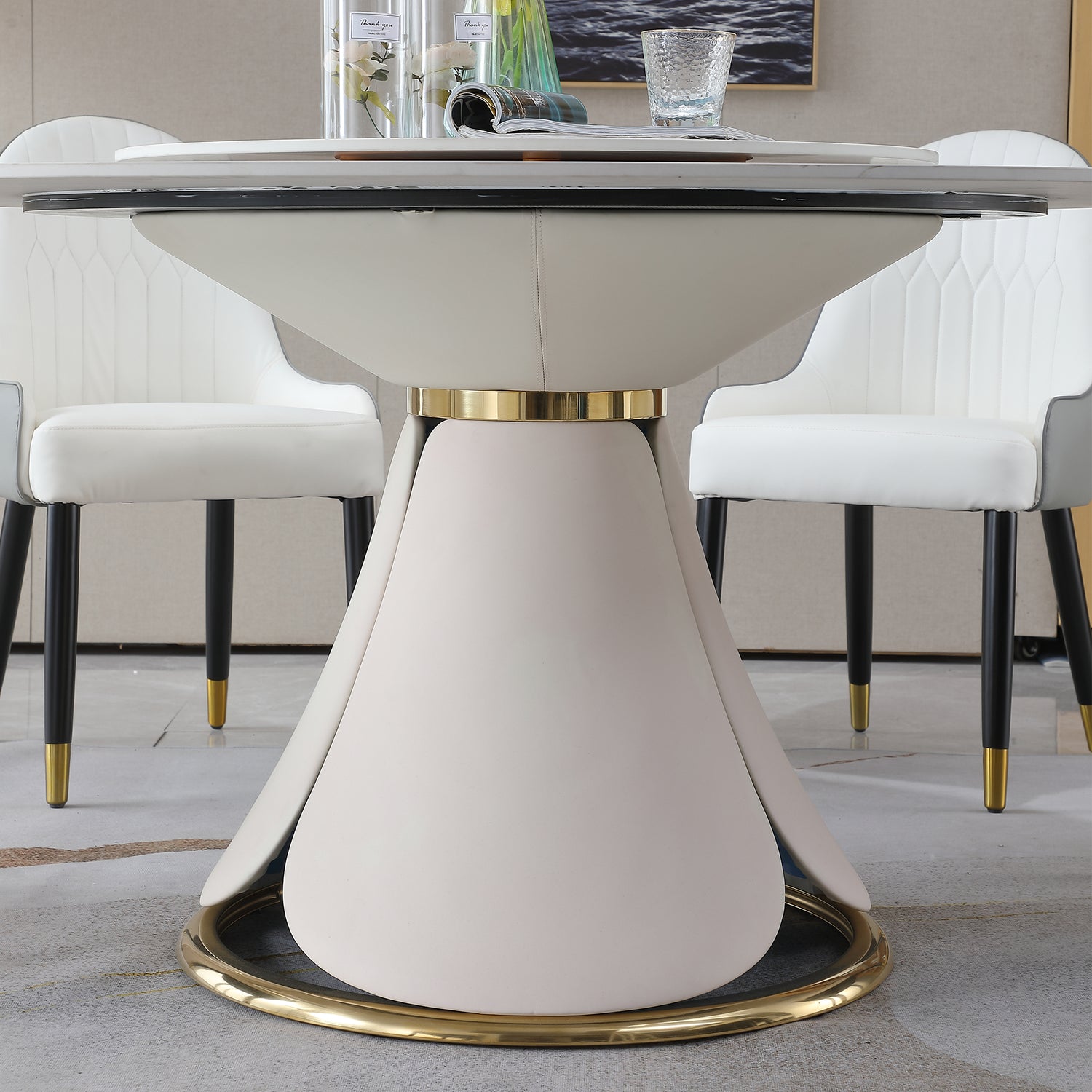 59.05"Modern Sintered stone dining table with 31.5" round turntable for 8 person with wood and metal exquisite pedestal | Home Elegance USA
