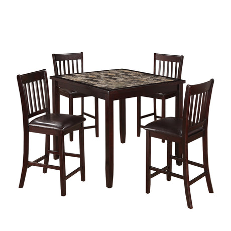 42 Inch 5 Piece Dining Set, Slatted Back, Faux Marble Inlay, Espresso