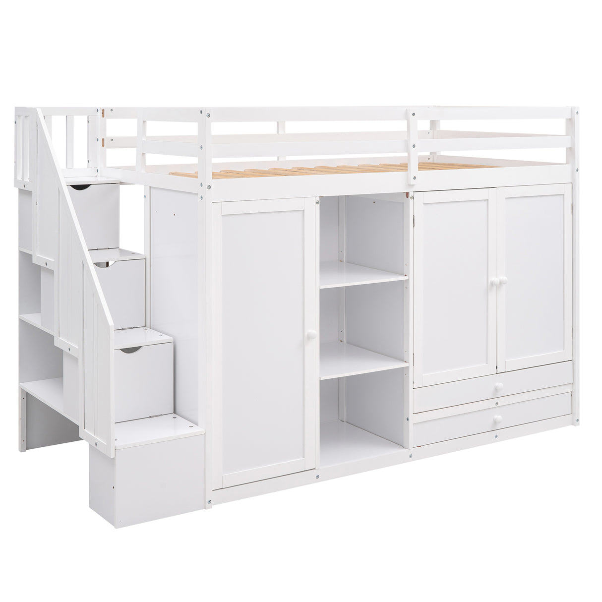Functional Loft Bed with 3 Shelves, 2 Wardrobes and 2 Drawers, Ladder with Storage, No Box Spring Needed, White - Home Elegance USA