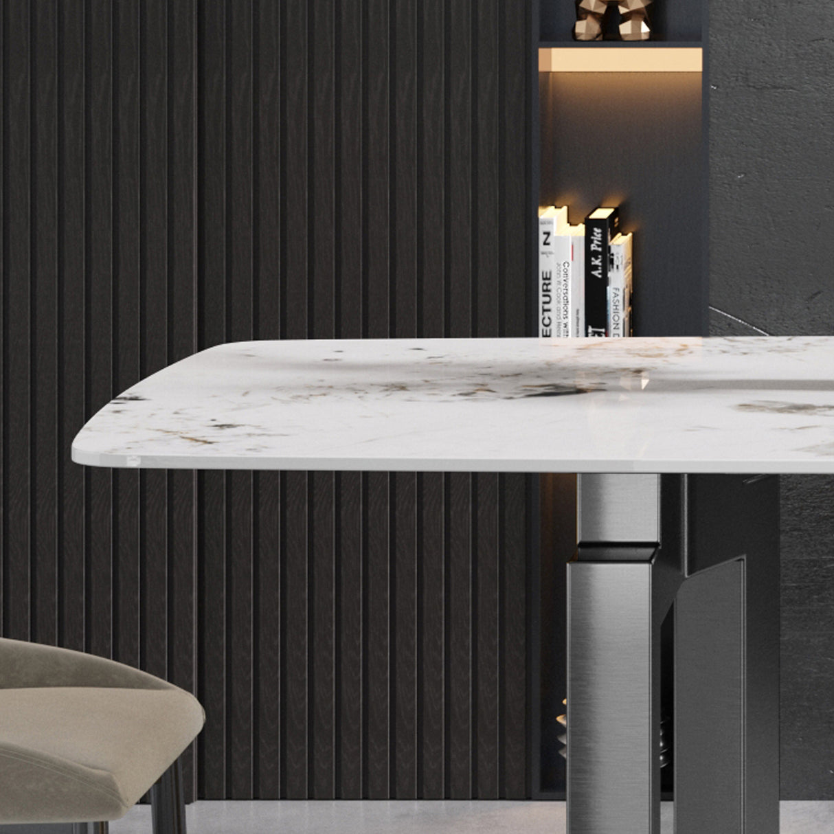 63"Modern artificial stone pandora white curved black metal leg dining table - 6 people | Home Elegance USA