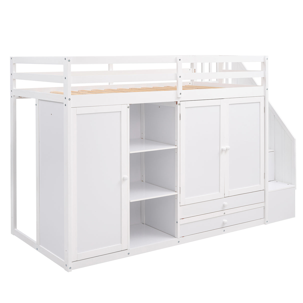 Functional Loft Bed with 3 Shelves, 2 Wardrobes and 2 Drawers, Ladder with Storage, No Box Spring Needed, White - Home Elegance USA