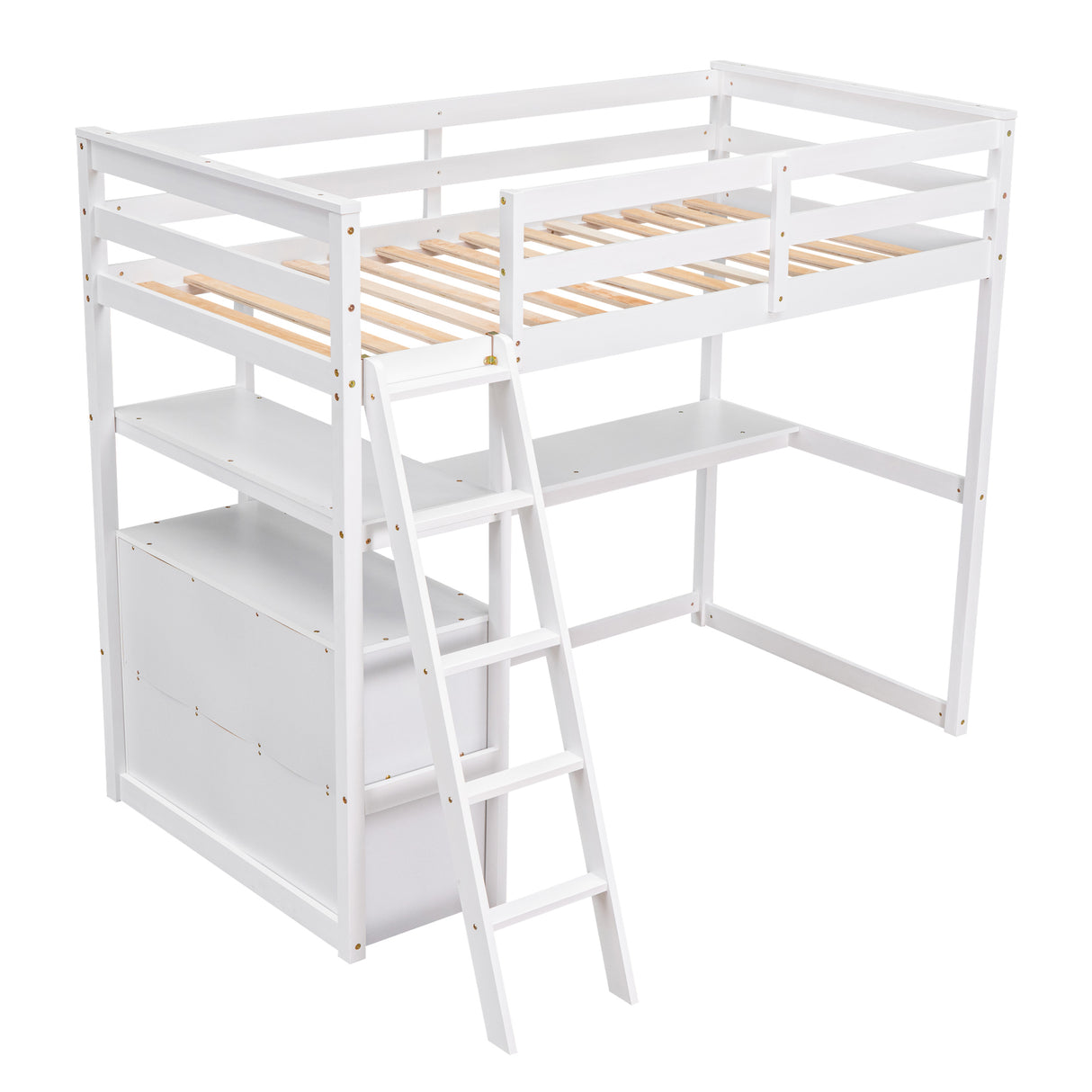 Twin Size Loft Bed with Desk and Shelves, Two Built-in Drawers, White (old SKU: GX000803AAK-1) - Home Elegance USA