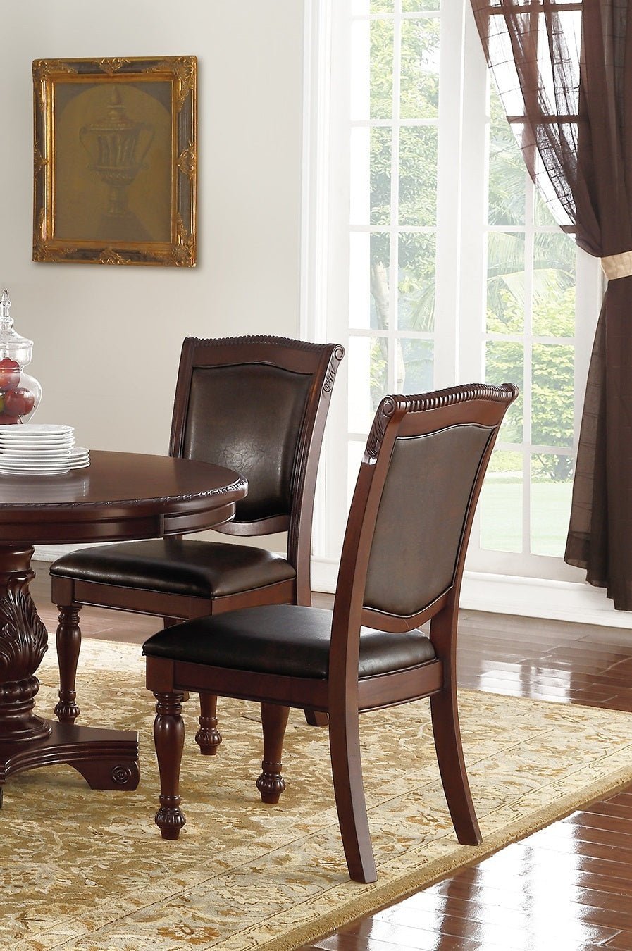 Majestic Classic Formal Dining Room Table And 4x Side Chairs Brown 5pc Set Dining Table Pedestal Base Round Table Faux Leather - Home Elegance USA