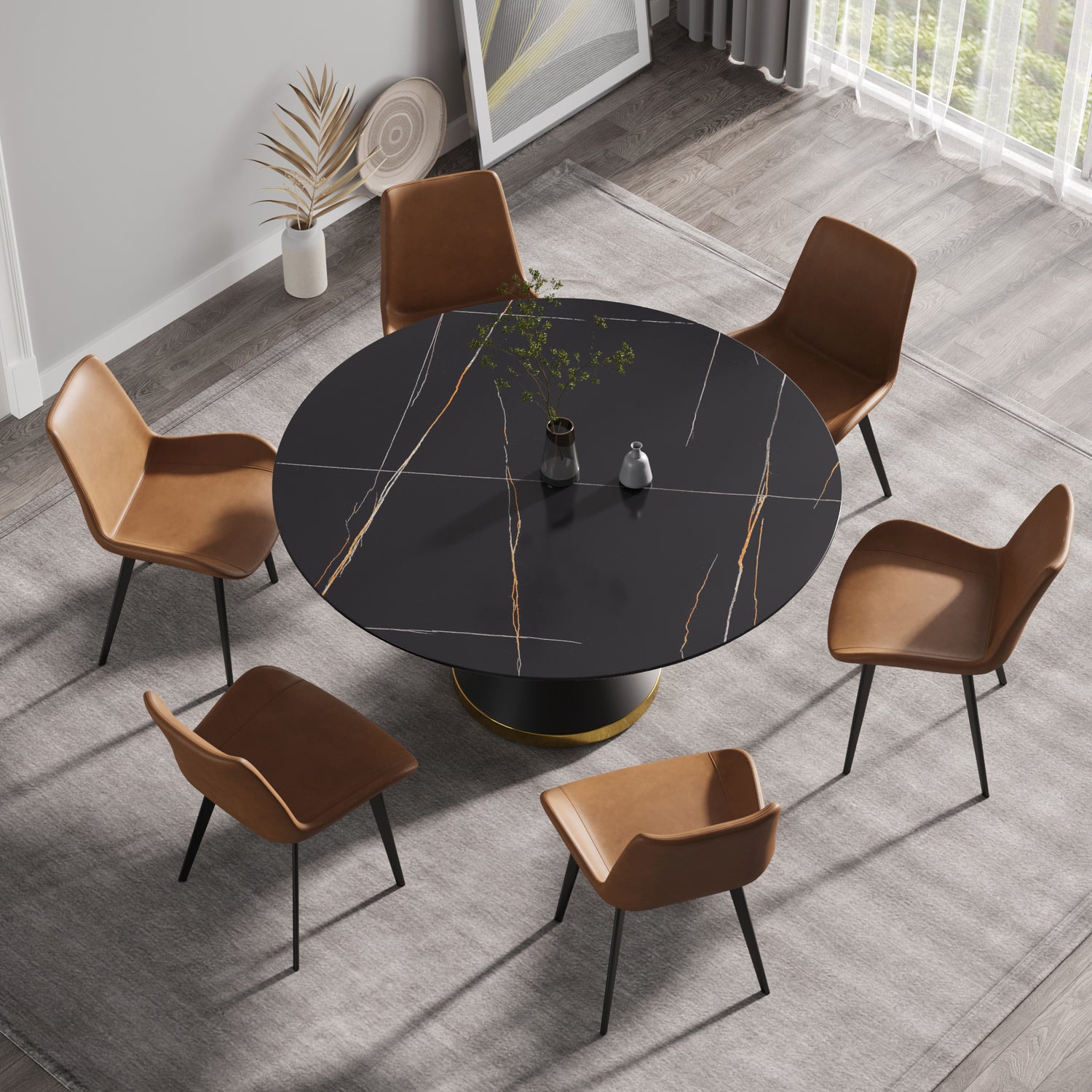 59.05"Modern artificial stone round black carbon steel base dining table - can accommodate 6 people | Home Elegance USA