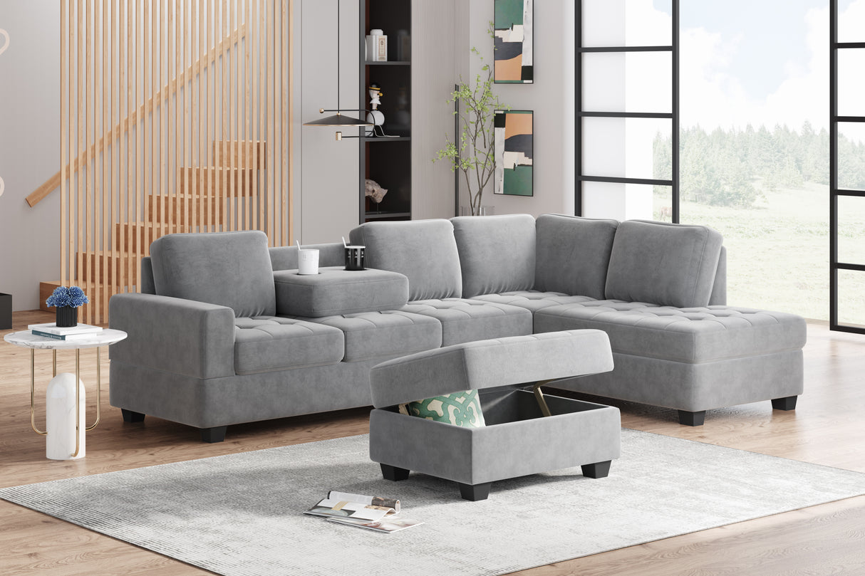 Orisfur. Modern Sectional Sofa with Reversible Chaise, L Shaped Couch Set with Storage Ottoman and Two Cup Holders for Living Room - Home Elegance USA