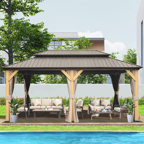 12'x20' Hardtop Gazebo, Outdoor Cedar Wood Frame Canopy with Galvanized Steel Double Roof, Outdoor Permanent Metal Pavilion with Curtains and Netting for Patio, Backyard and Lawn(Brown) | Home Elegance USA