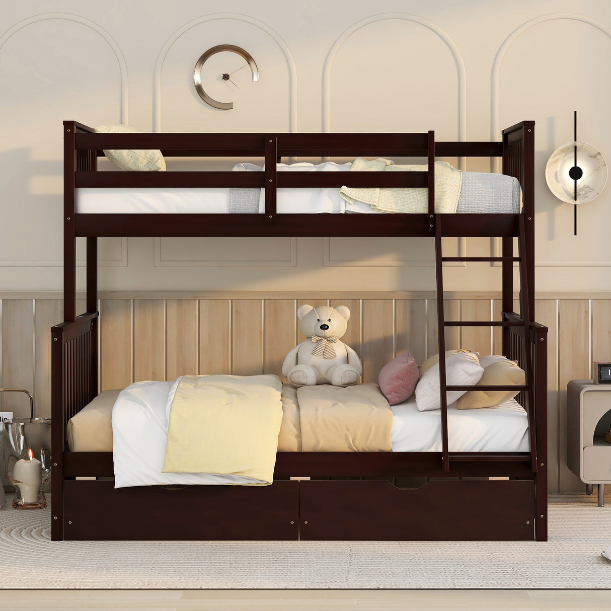 Twin-Over-Full Bunk Bed with Ladders and Two Storage Drawers(Espresso)( old sku:LT000165AAP) - Home Elegance USA