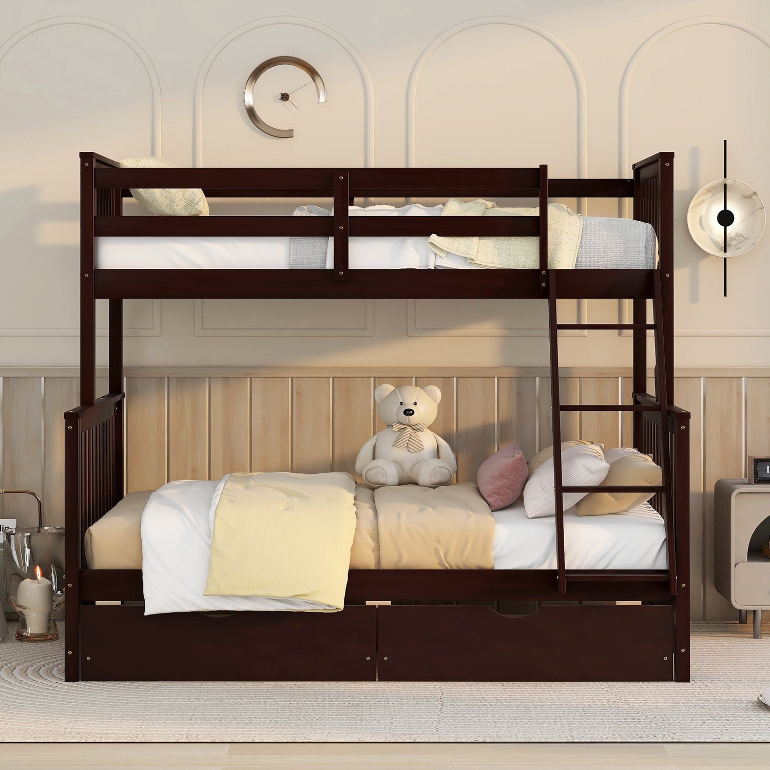Twin-Over-Full Bunk Bed with Ladders and Two Storage Drawers(Espresso)( old sku:LT000165AAP) - Home Elegance USA