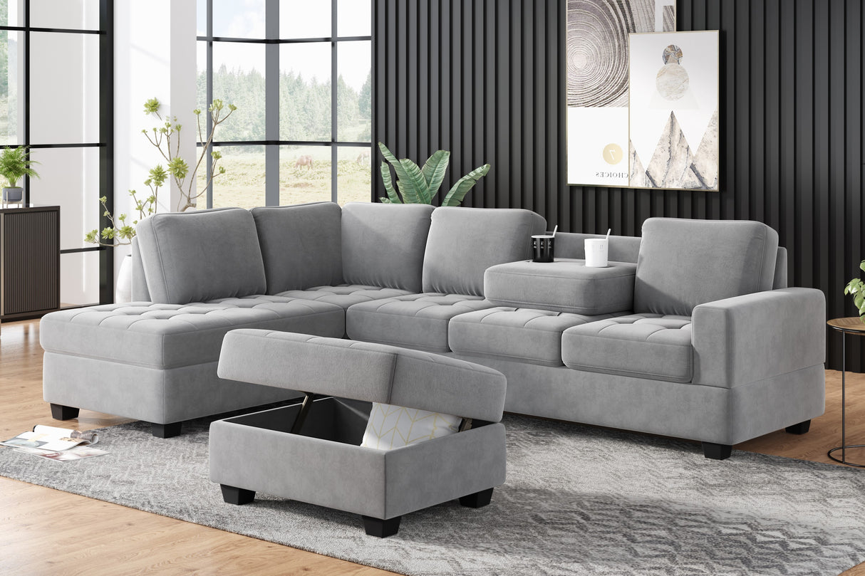Orisfur. Modern Sectional Sofa with Reversible Chaise, L Shaped Couch Set with Storage Ottoman and Two Cup Holders for Living Room - Home Elegance USA