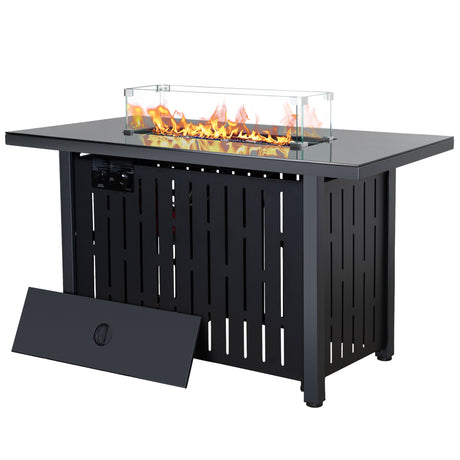 43“ L x  22" W x 25" H Iron Propane Outdoor Fire Pit Table with Lid, 50000 BTU Gas Firepit with Blue Glass Beads and Glass Wind Guard, for Deck Garden Backyard