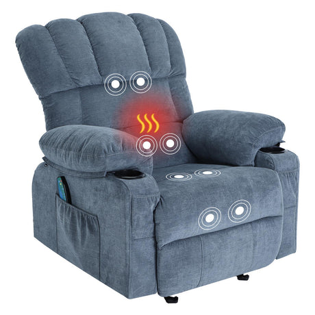 Vanbow.Recliner Chair Massage Heating sofa with USB and side pocket 2 Cup Holders (Blue) Home Elegance USA