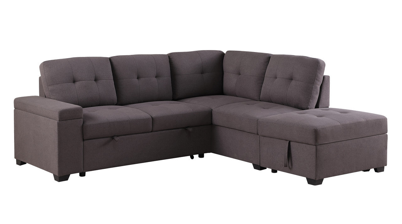 Katie Brown Linen Sleeper Sectional Sofa with Storage Ottoman, Storage Arm - Home Elegance USA